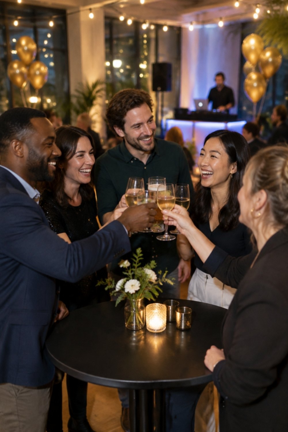 Colleagues raising a toast together at a company year-end party, under warm lights