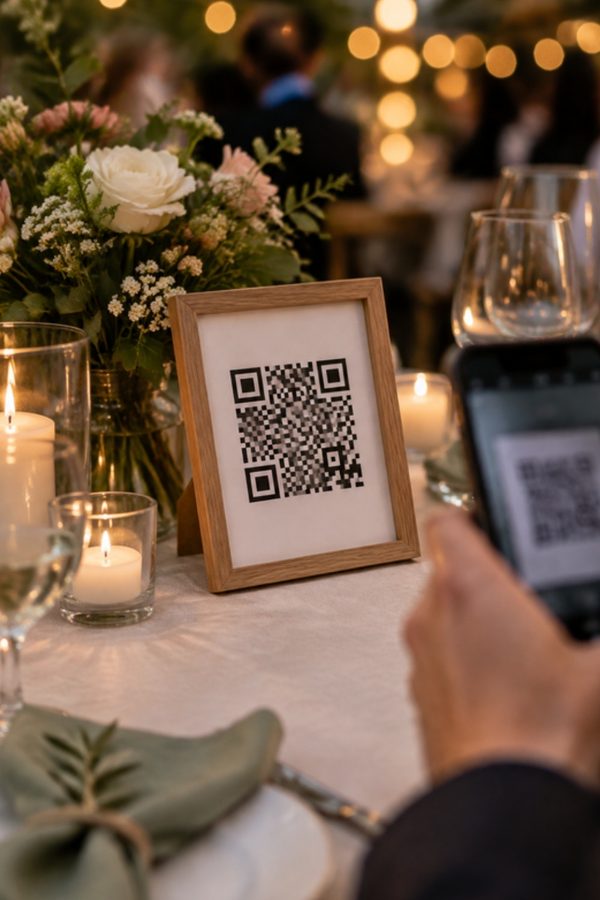 A QR code sign in a wooden frame on an event table beside flowers and candles, with a guest pointing a phone at it