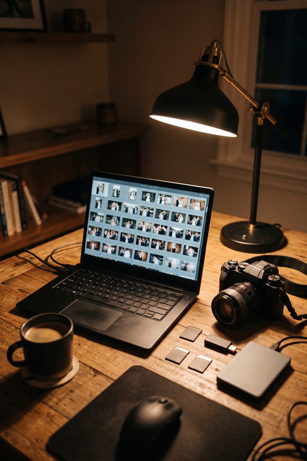 A photographer's editing desk at night: a laptop with wedding photos, a camera, memory cards and a backup drive
